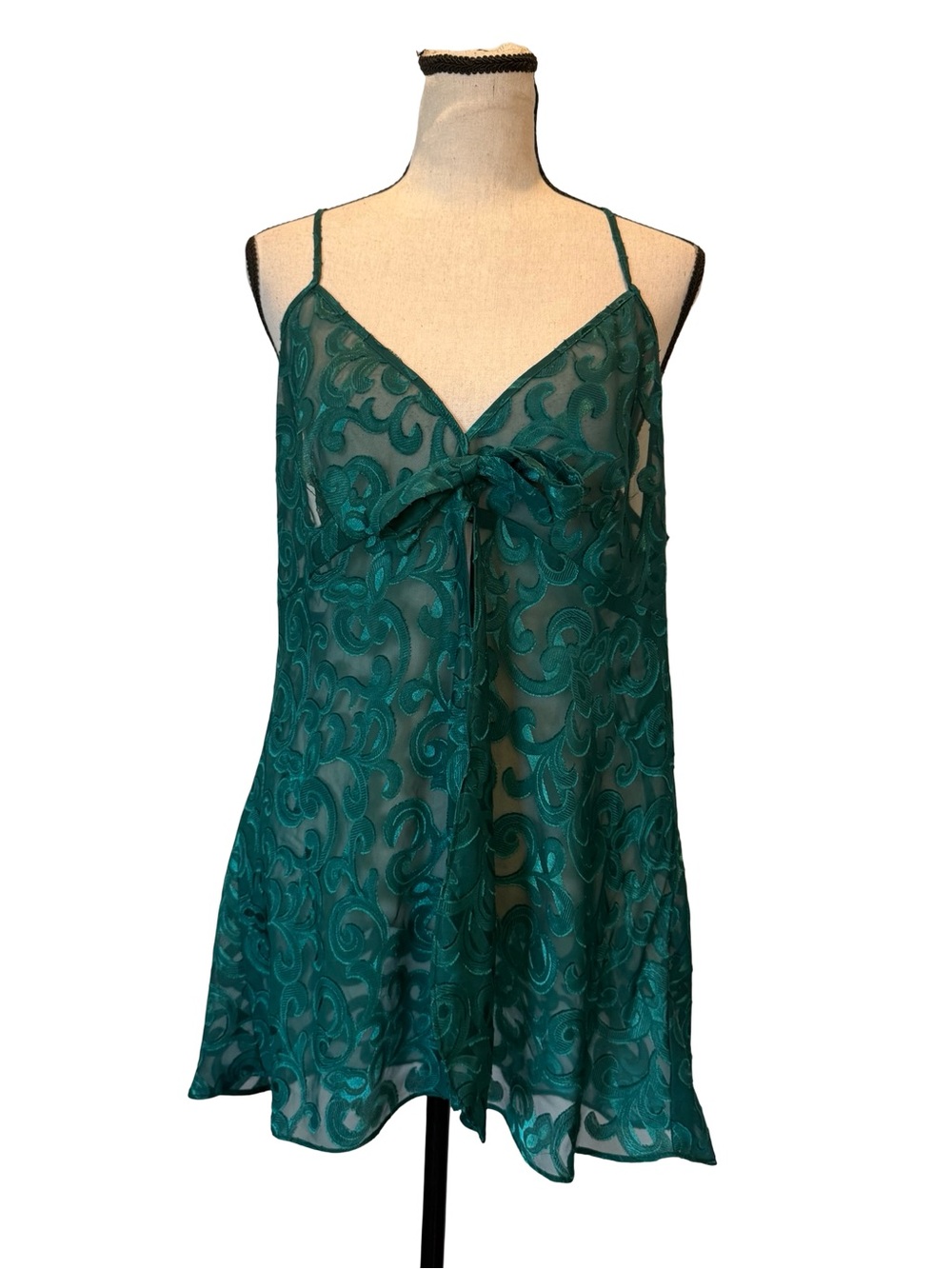 Vintage Inner Most Emerald Green Embroidered Chemise Tie Front Lingerie XL
